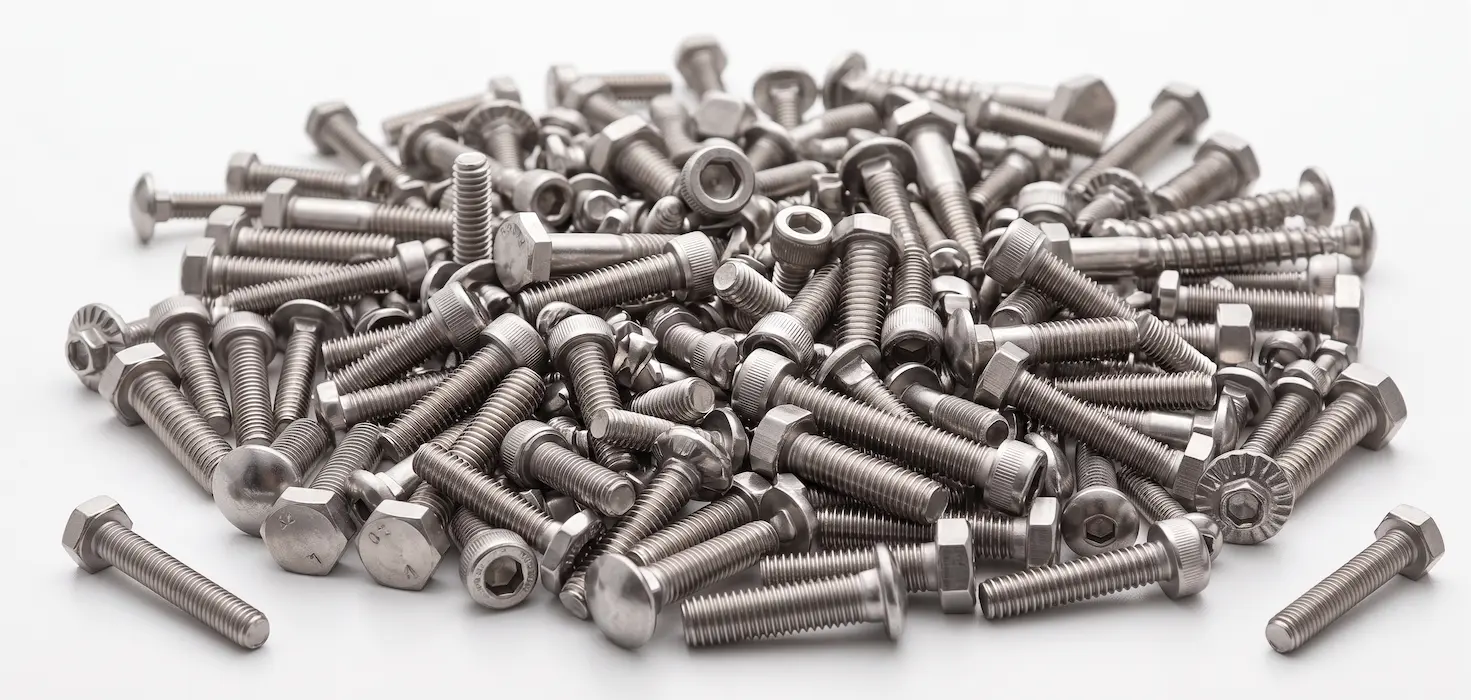 Vários parafusos de inox esparramados por uma superfície branca.