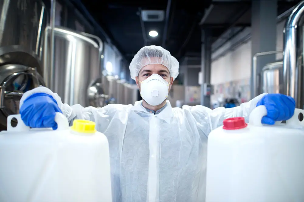 Funcionário de indústria química com máscara e uniforme brancos segurando produtos químicos para descontaminação.